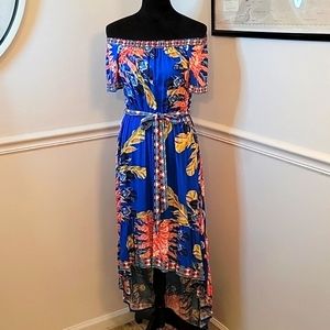 Flying Tomato Off the Shoulder Blue Floral Maxi Dress Womens Large